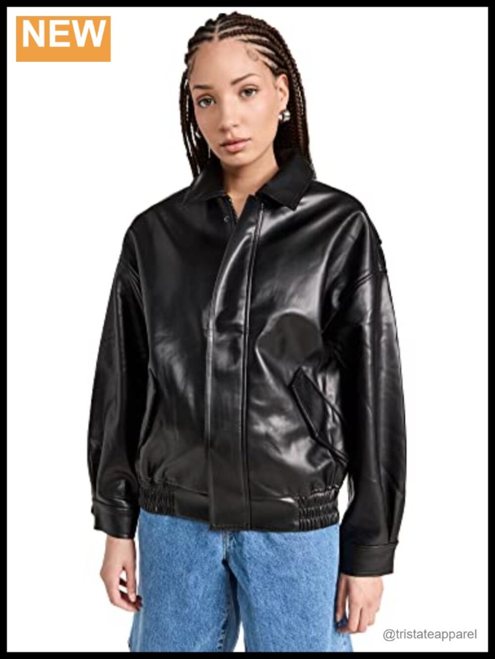Faux Leather Bomber Jacket Aviator Style Long Sleeve Women's